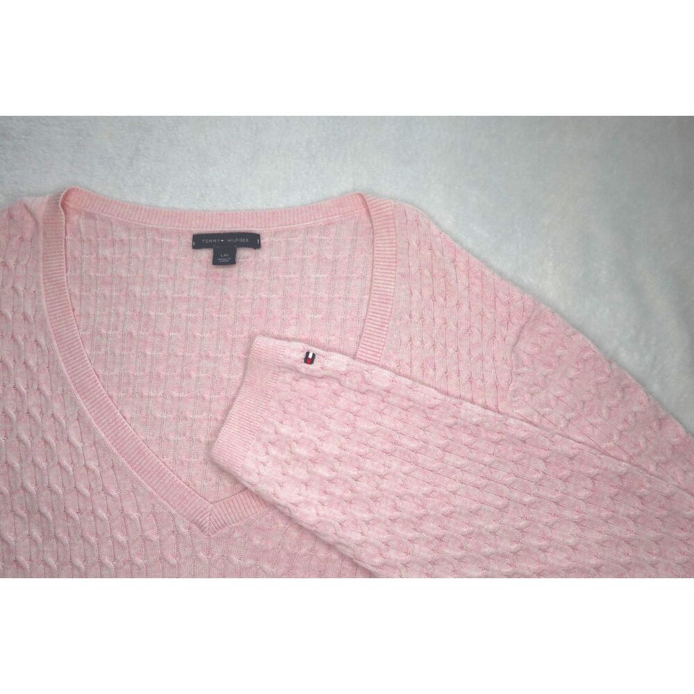 Tommy Hilfiger Pink Cable-Knit Sweater V-Neck Womens L